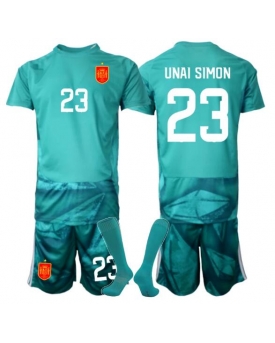 Billige Fotballdrakt Spania Unai Simon #23 Keeper Replika Bortedraktsett Barn VM 2026 Kortermet (med bukser)